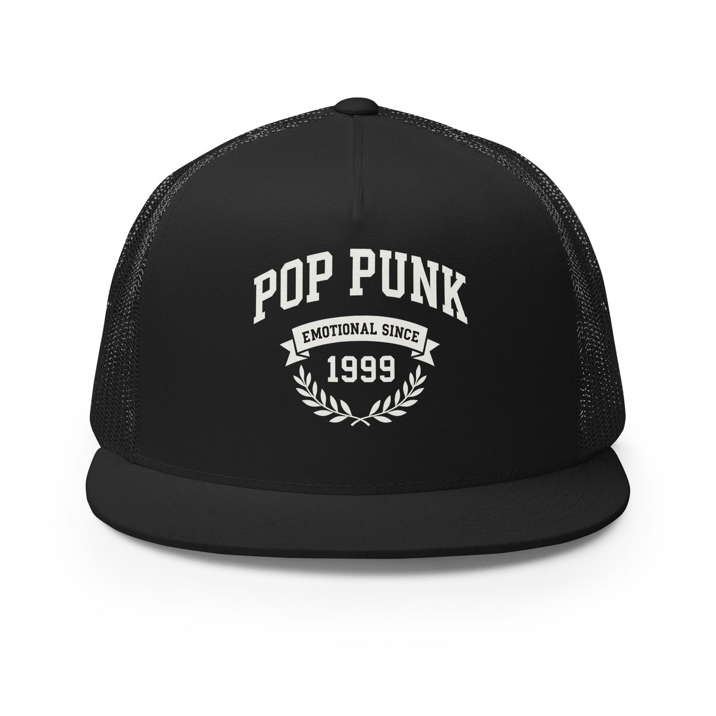 Black trucker cap with 'Pop Punk Emotional Since 1999' text on a white background
