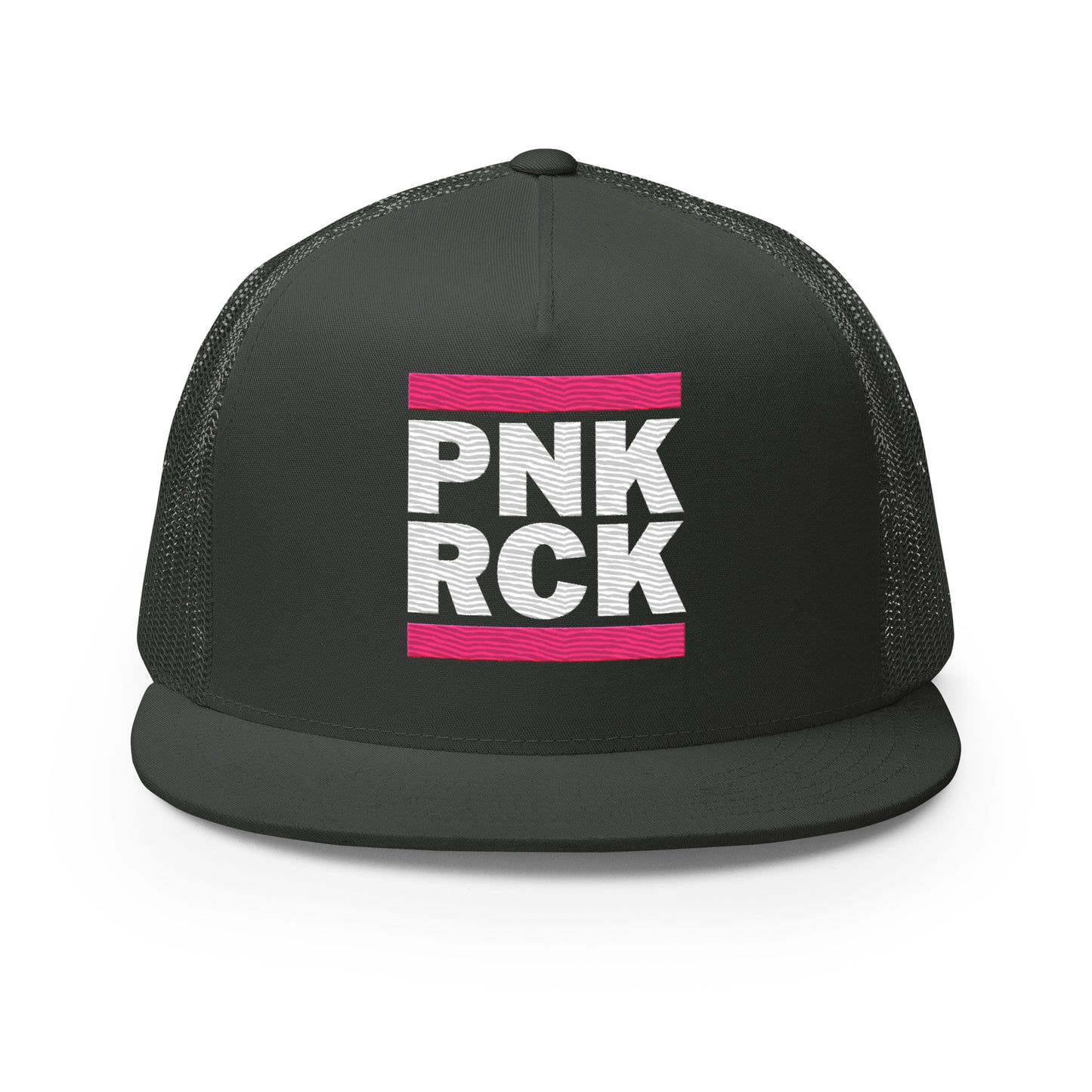 Black trucker cap with 'PNK RCK' text on a white background
