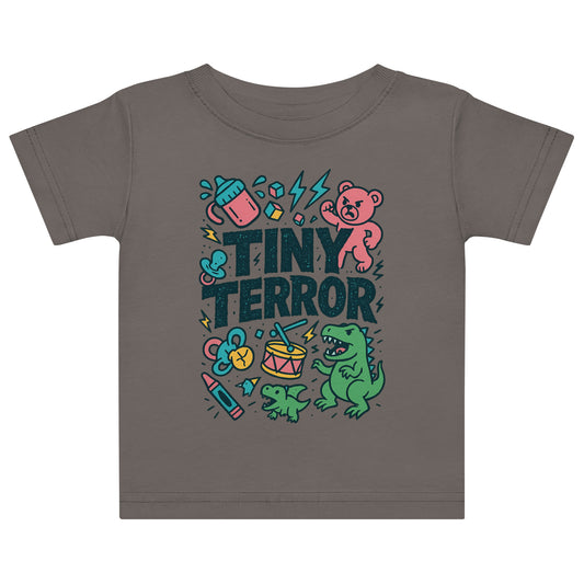 Gray t-shirt with colorful 'Tiny Terror' design featuring a bear, dinosaur, and baby bottle on a white background.