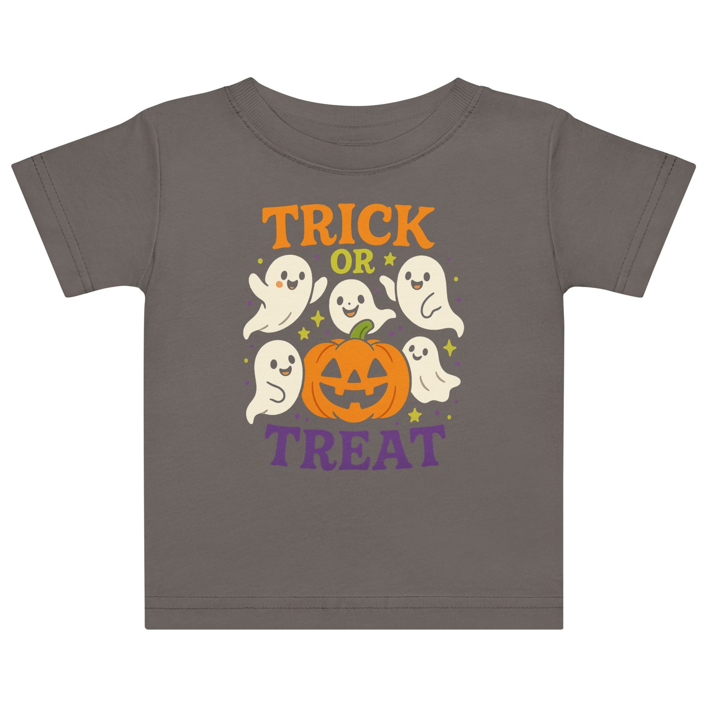 brown shirt with ghosts and a pumpkin and the text "Trick or Treat"