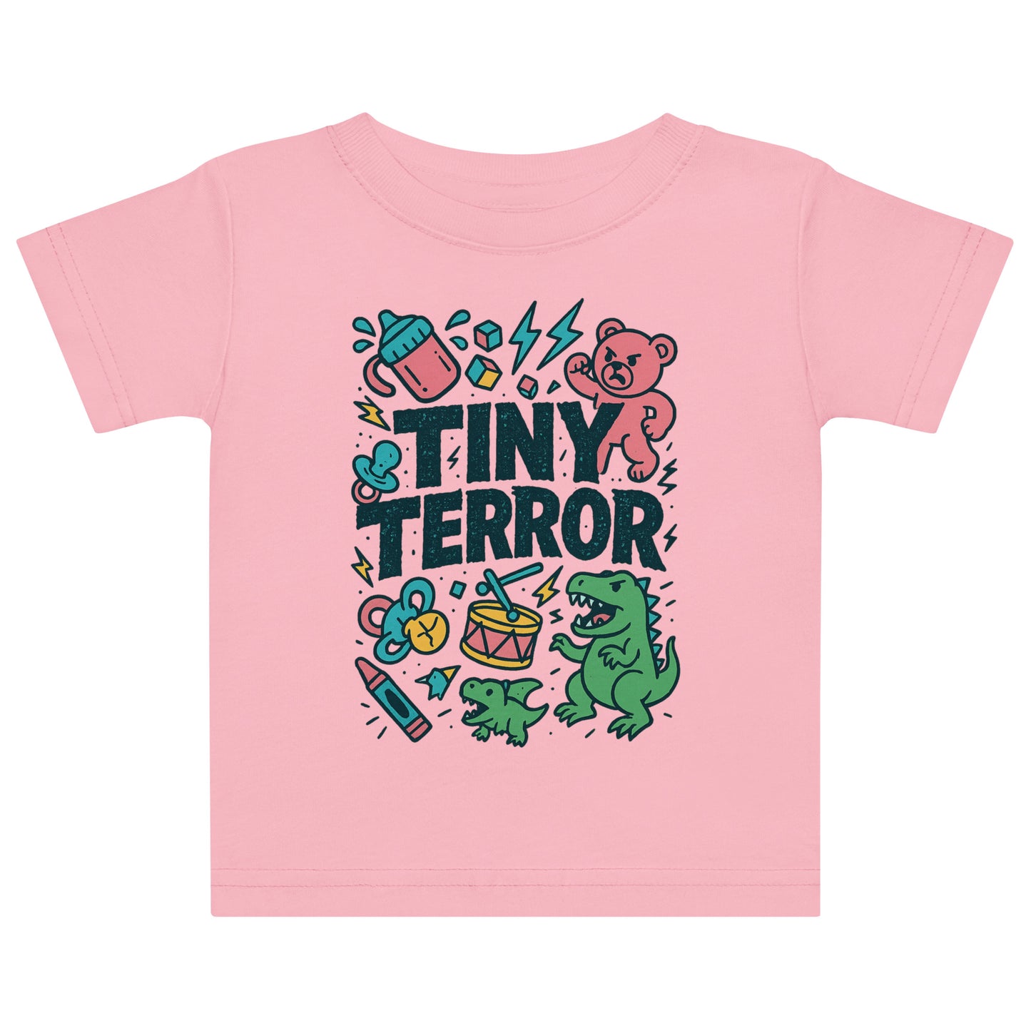 Pink t-shirt with 'Tiny Terror' design featuring a bear, dinosaur, and various icons on a white background.