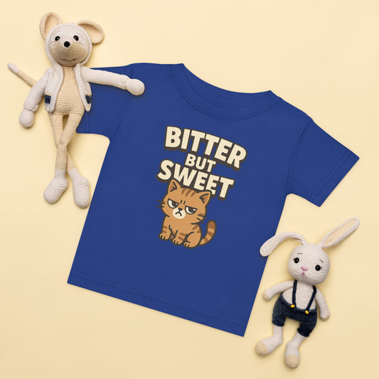 Blue t-shirt with a cat graphic and text, surrounded by two plush toys on a beige background