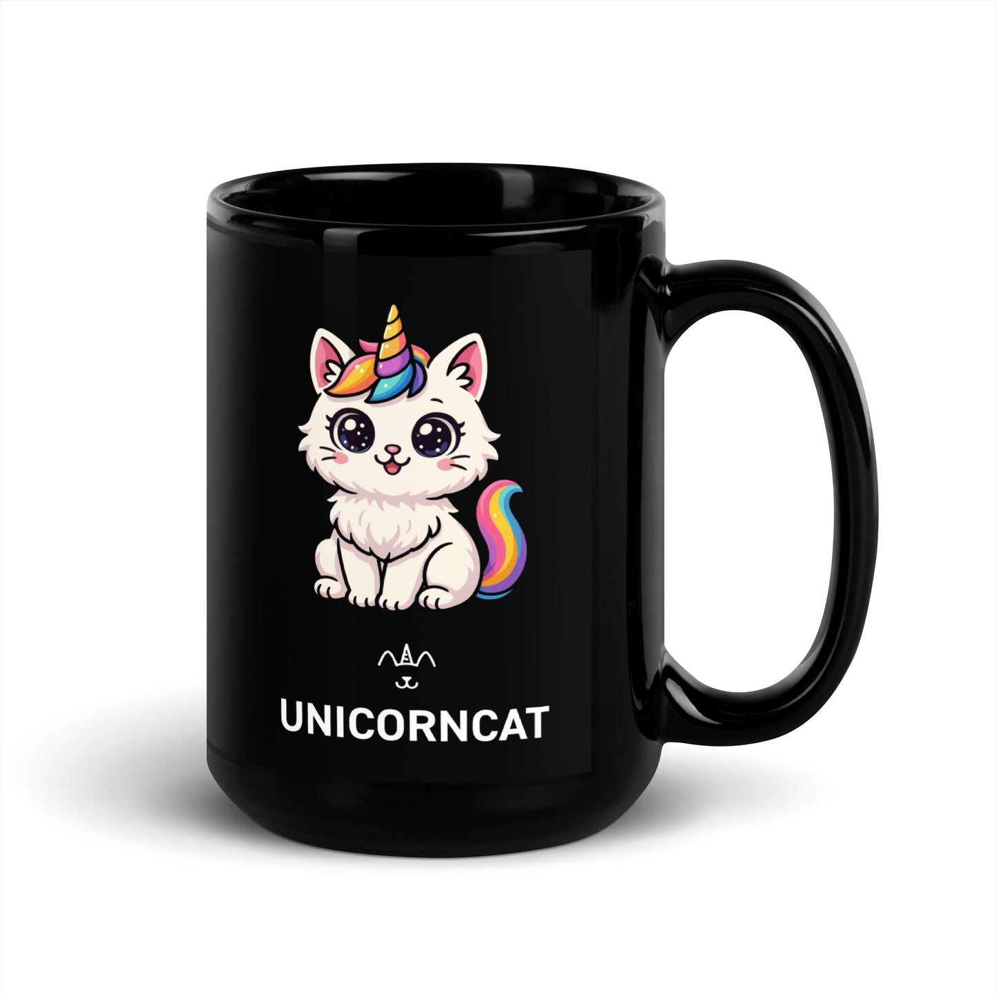 Black mug with a cartoon unicorn cat design and 'UNICORNCAT' text on a white background