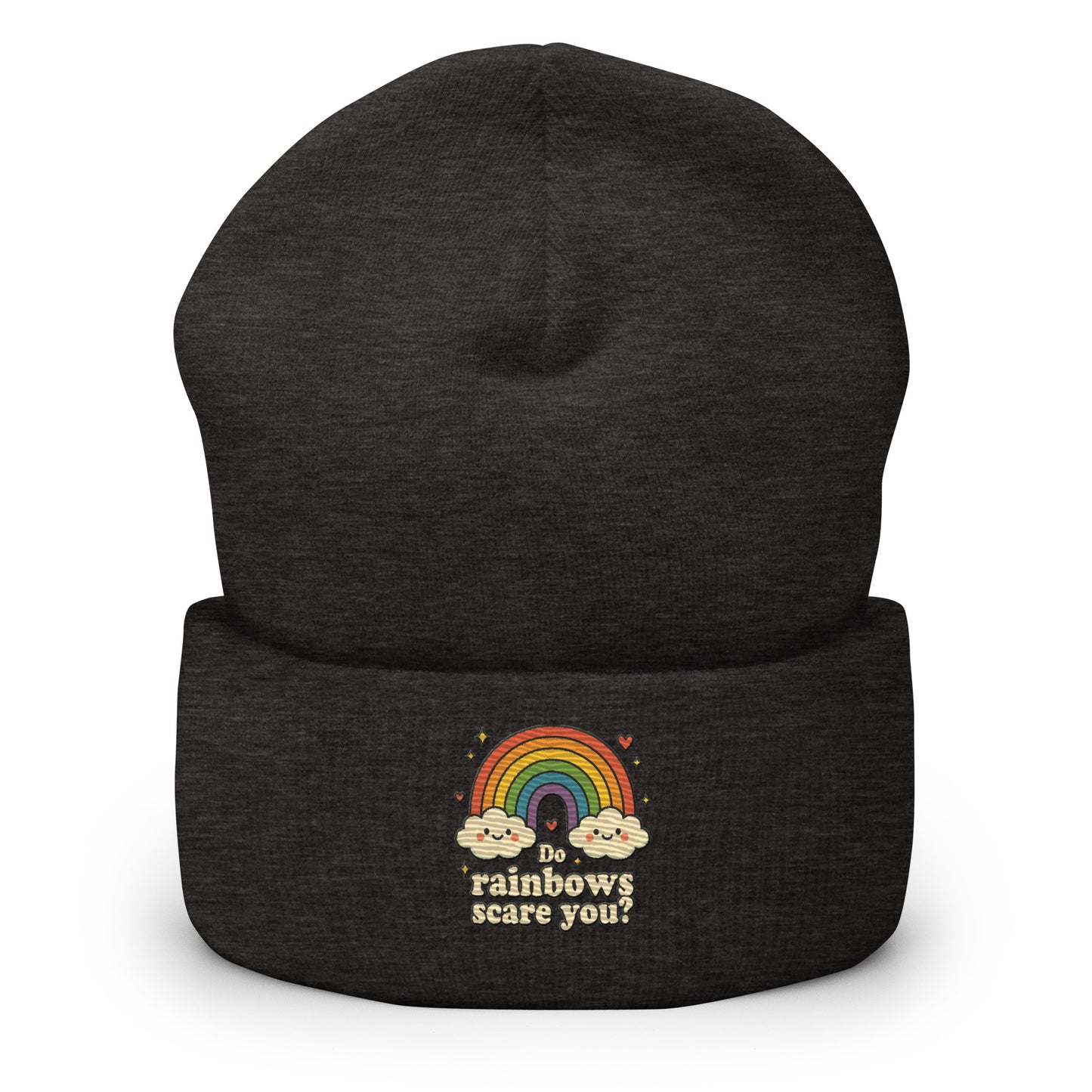Black beanie with rainbow and cloud design on a white background