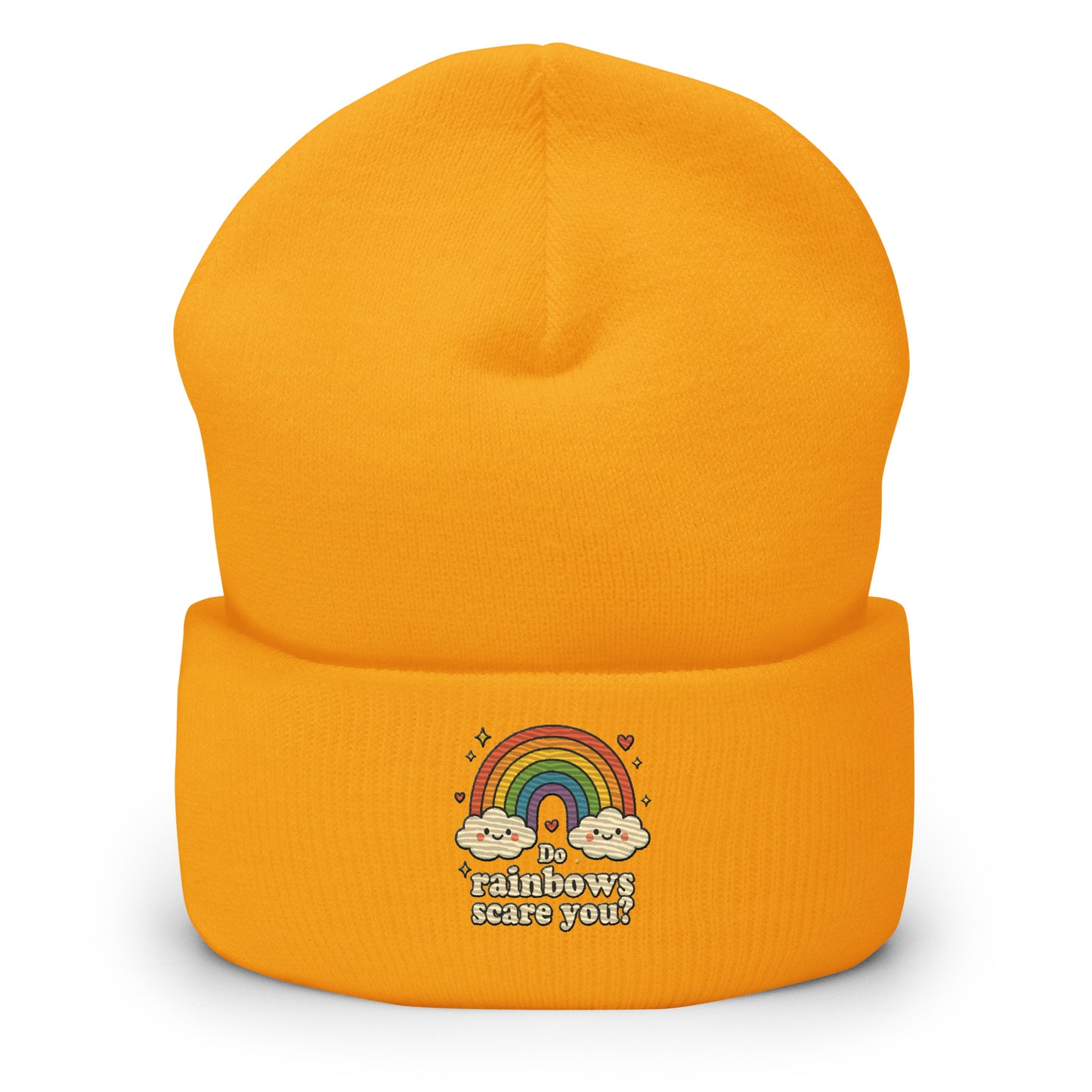 Orange beanie with rainbow and cloud design on a white background