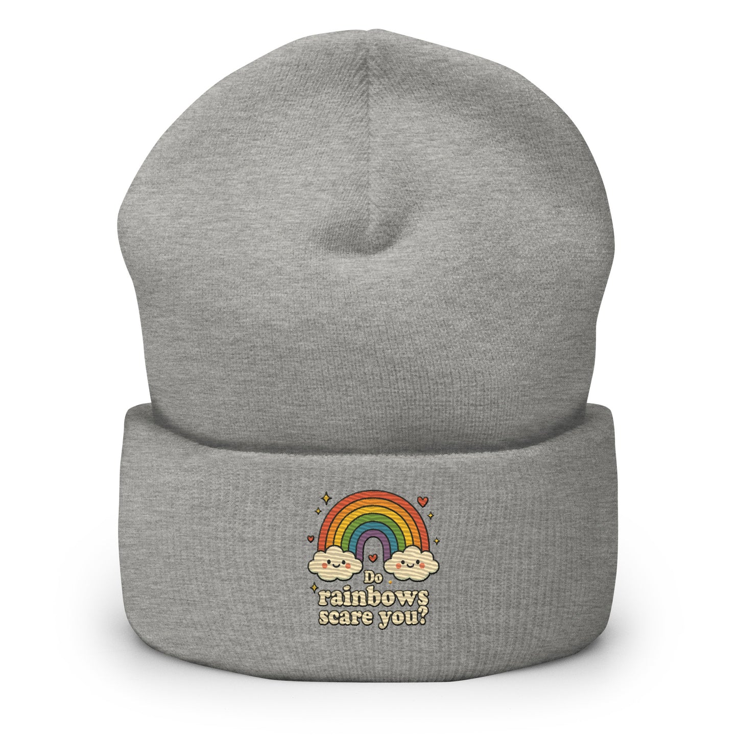 Gray beanie with rainbow and cloud design on a white background