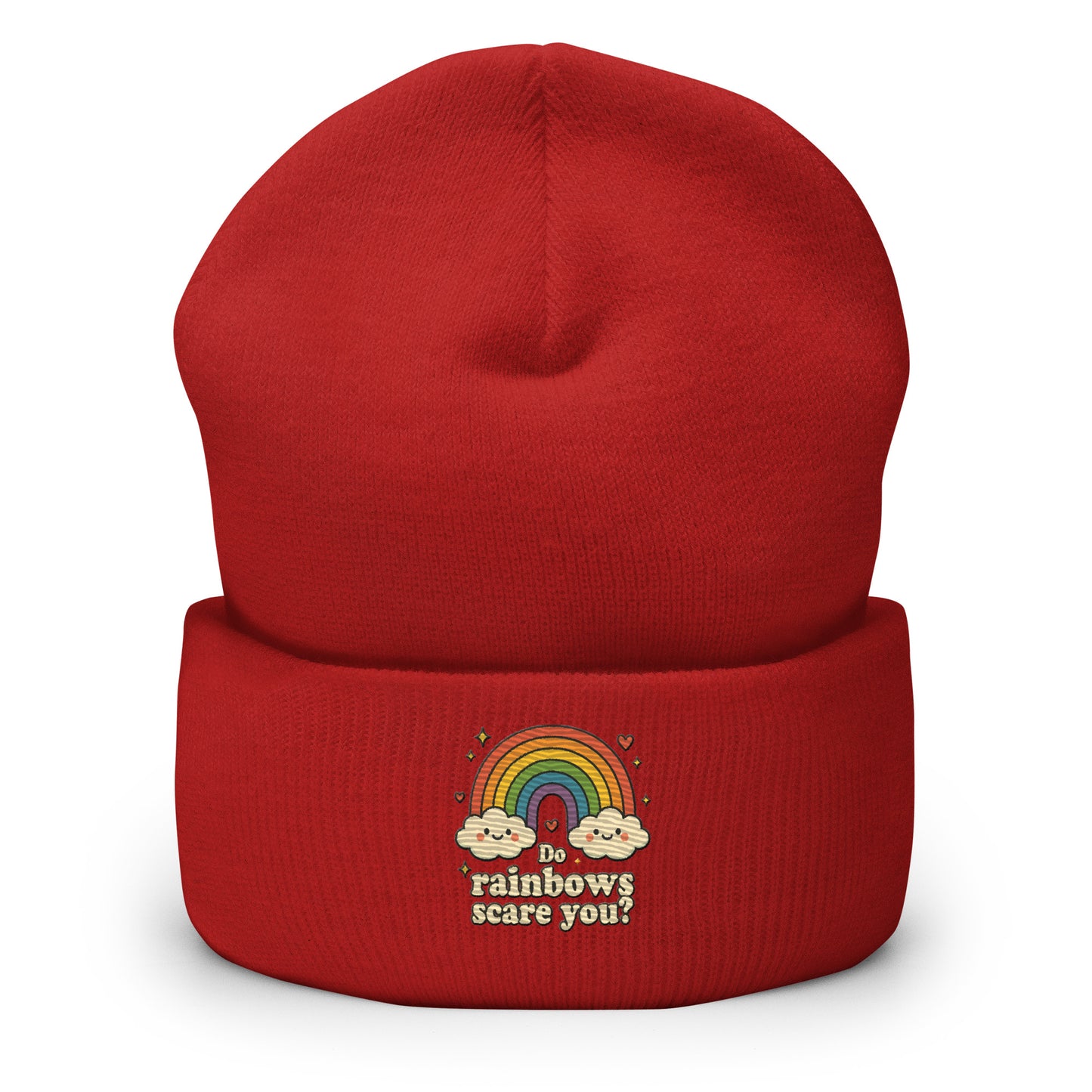Red beanie with rainbow and cloud design on a white background