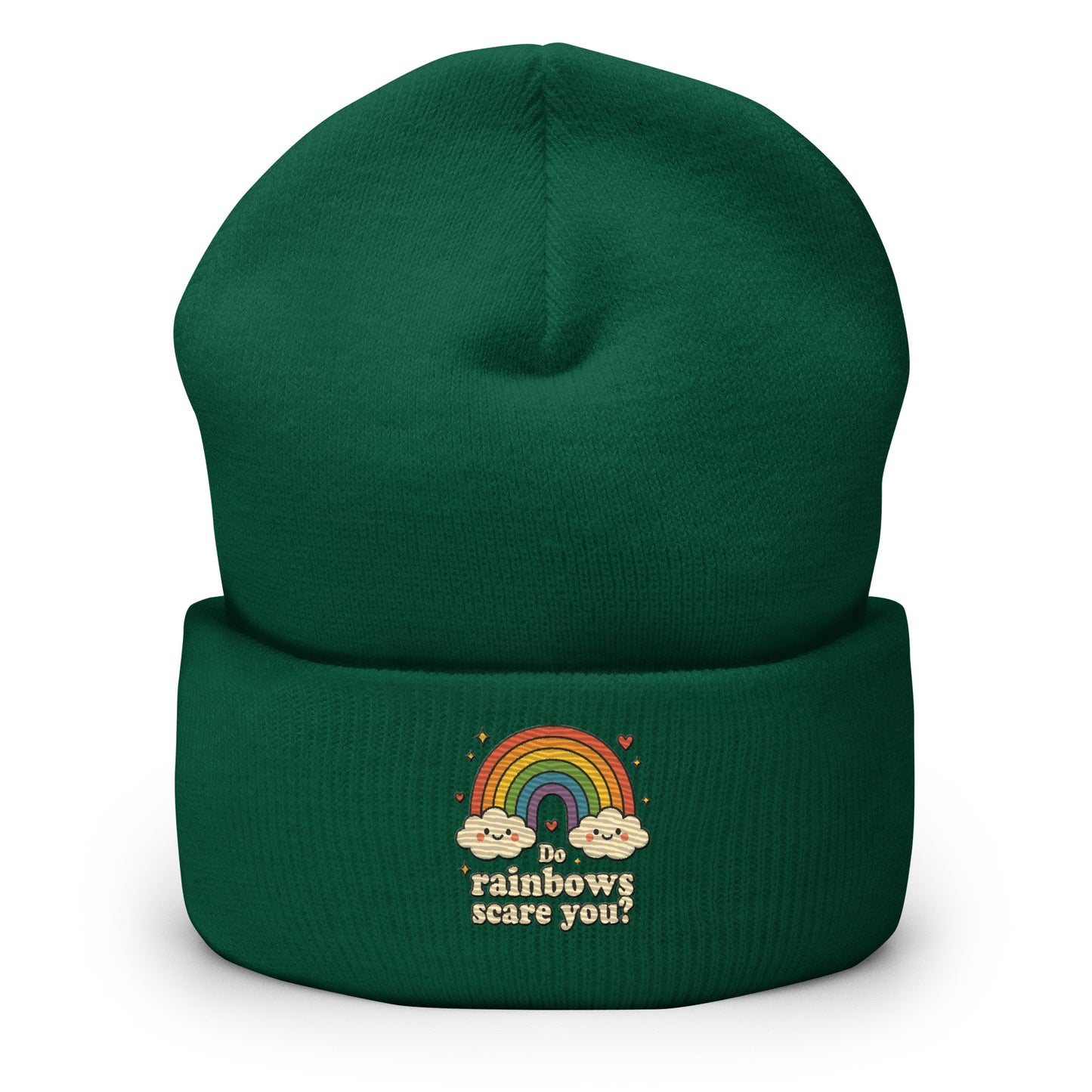 Green beanie with rainbow and cloud design on a white background