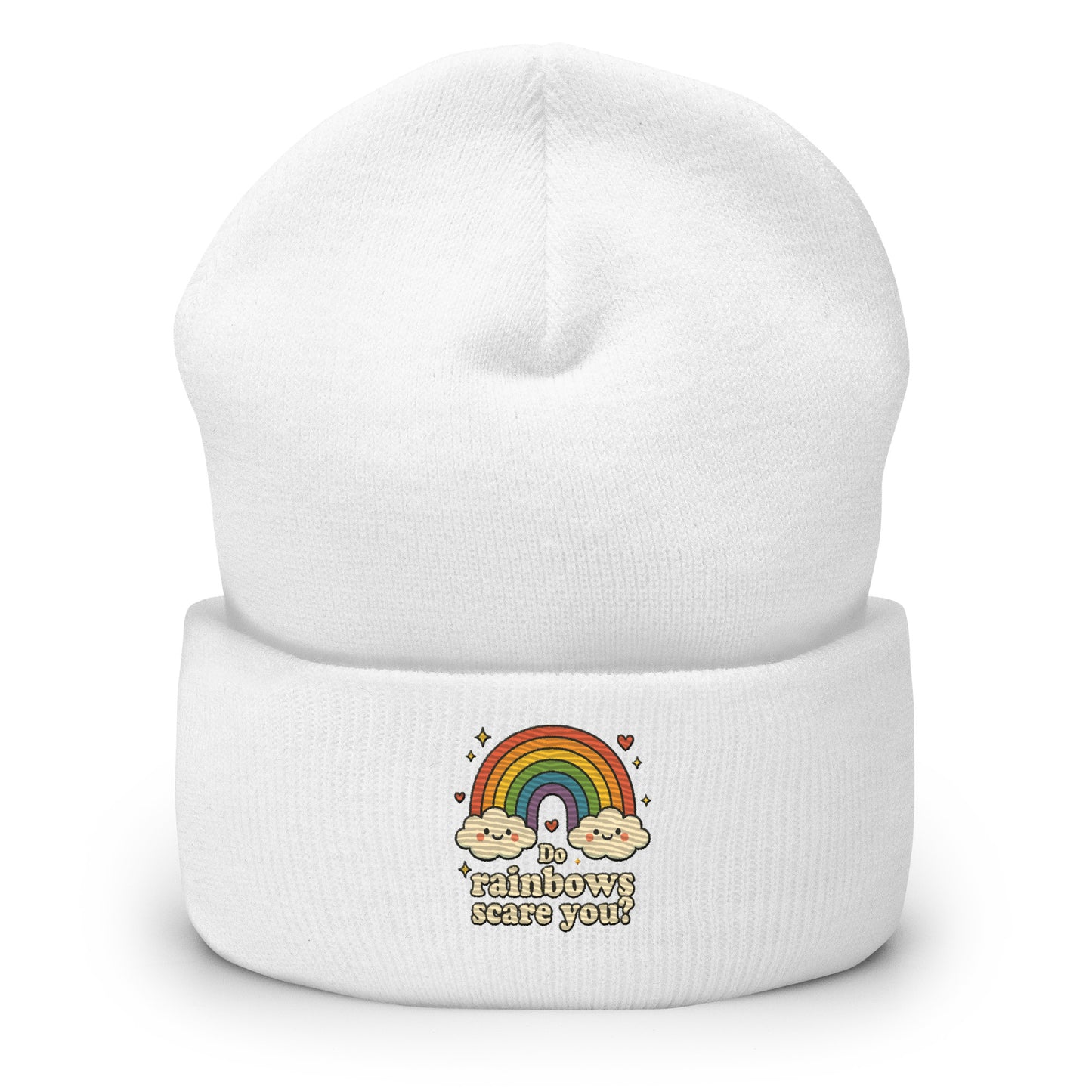 White beanie with rainbow and cloud design on a white background