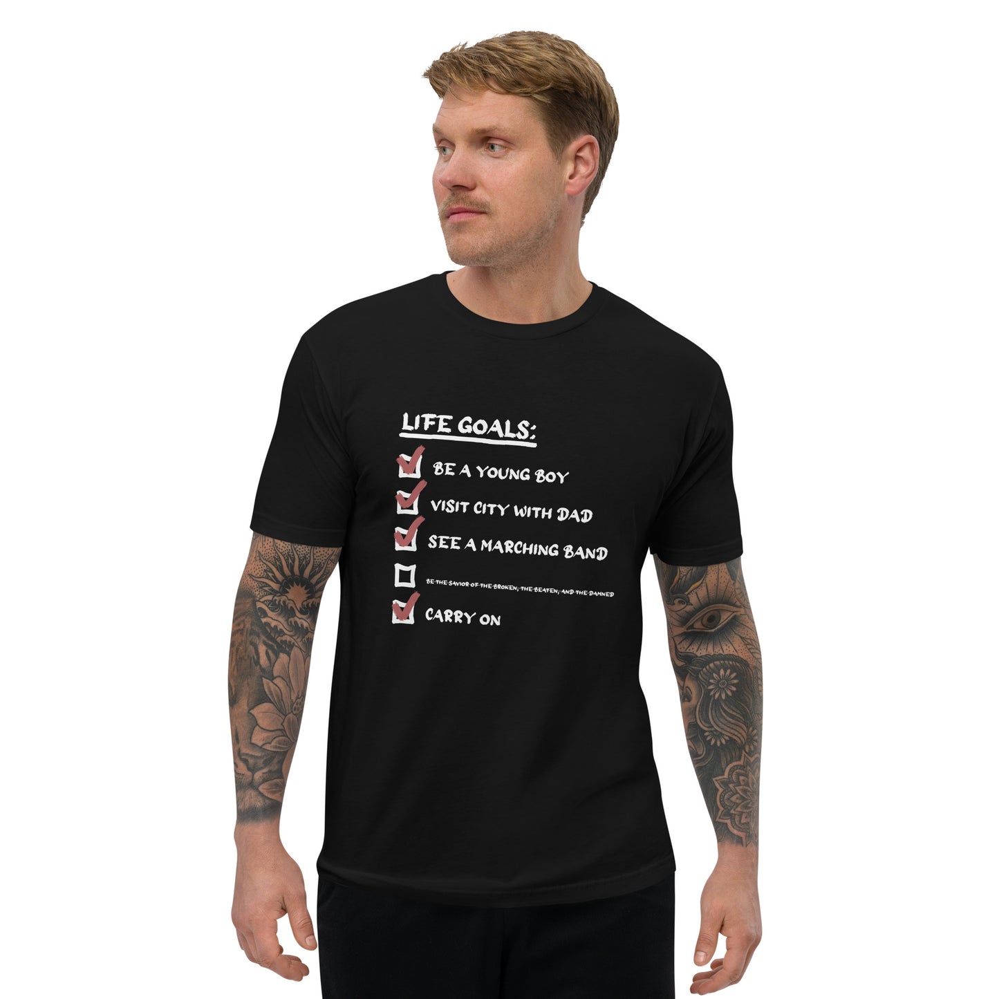 Man wearing a black t-shirt with a printed design on a white background