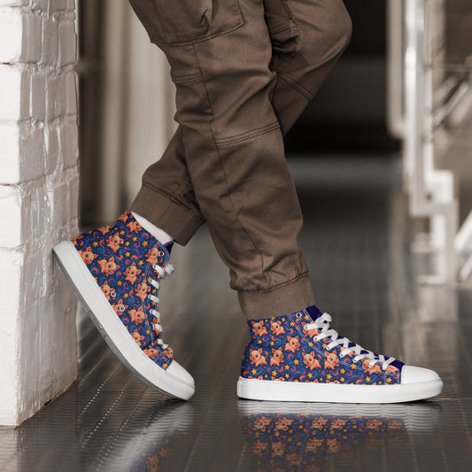 Person wearing floral high-top sneakers with brown pants against a neutral background