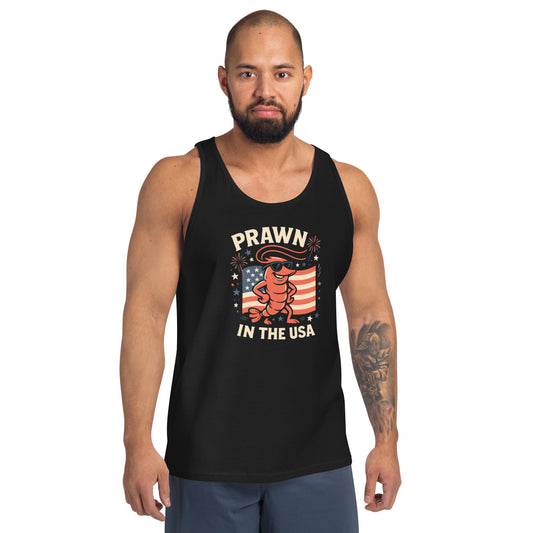 Man wearing a black tank top with 'Prawn in the USA' graphic design on a white background