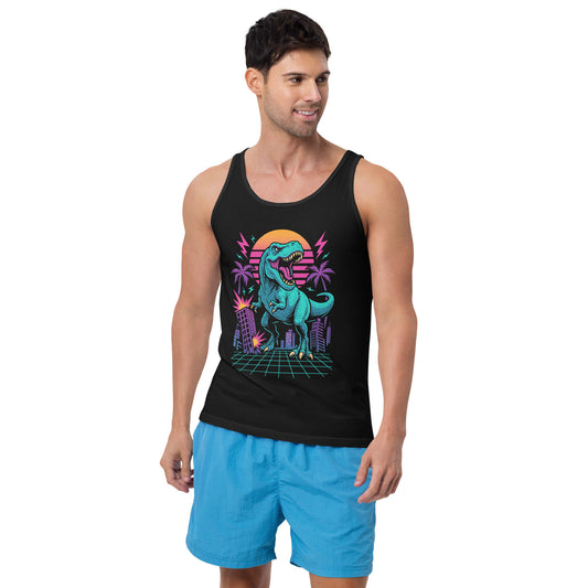 Man wearing a black tank top with a colorful dinosaur graphic and blue shorts on a white background