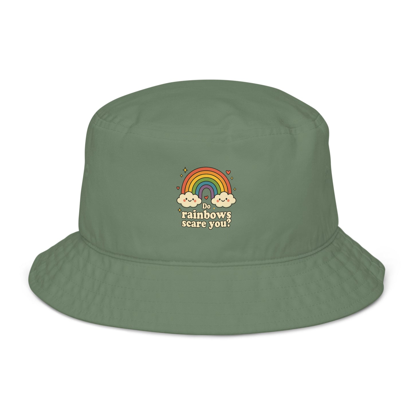 Green bucket hat with rainbow and cloud design on a white background