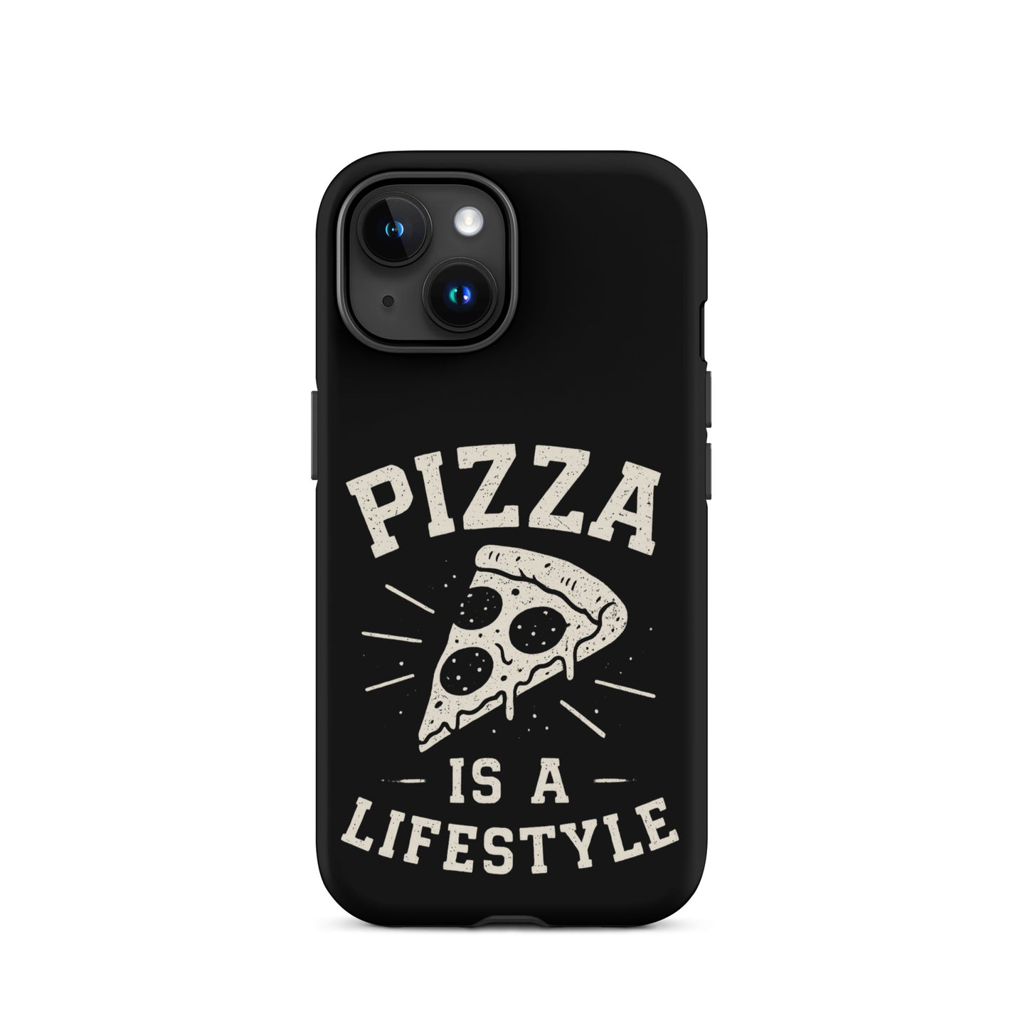 Black phone case with 'Pizza is a Lifestyle' text and pizza slice graphic on a white background