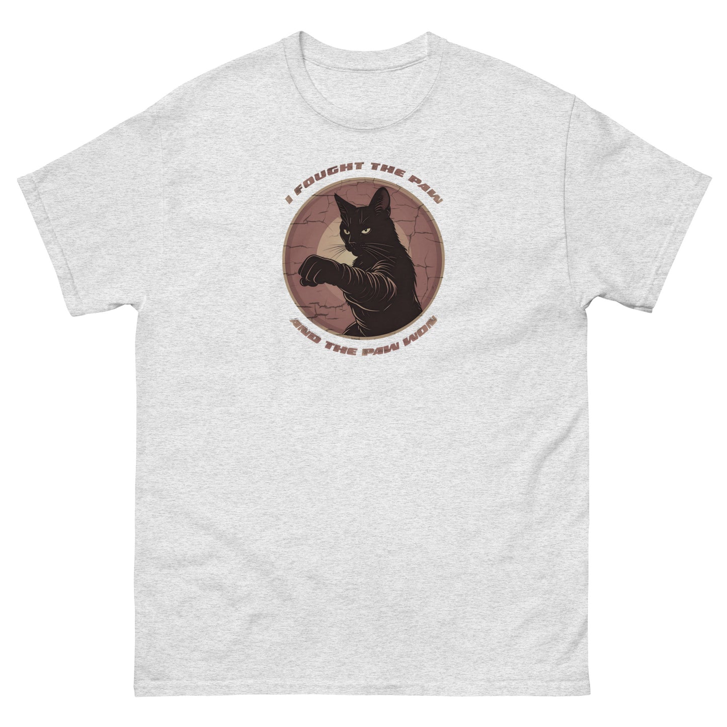 Gray t-shirt with a black cat graphic and text on a white background
