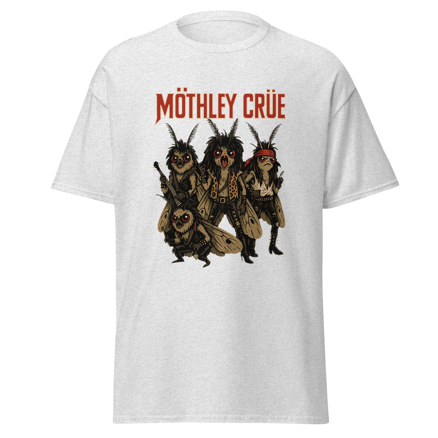 white Unisex Mothley Crüe t-shirt with chaotic rock parody design, front view
