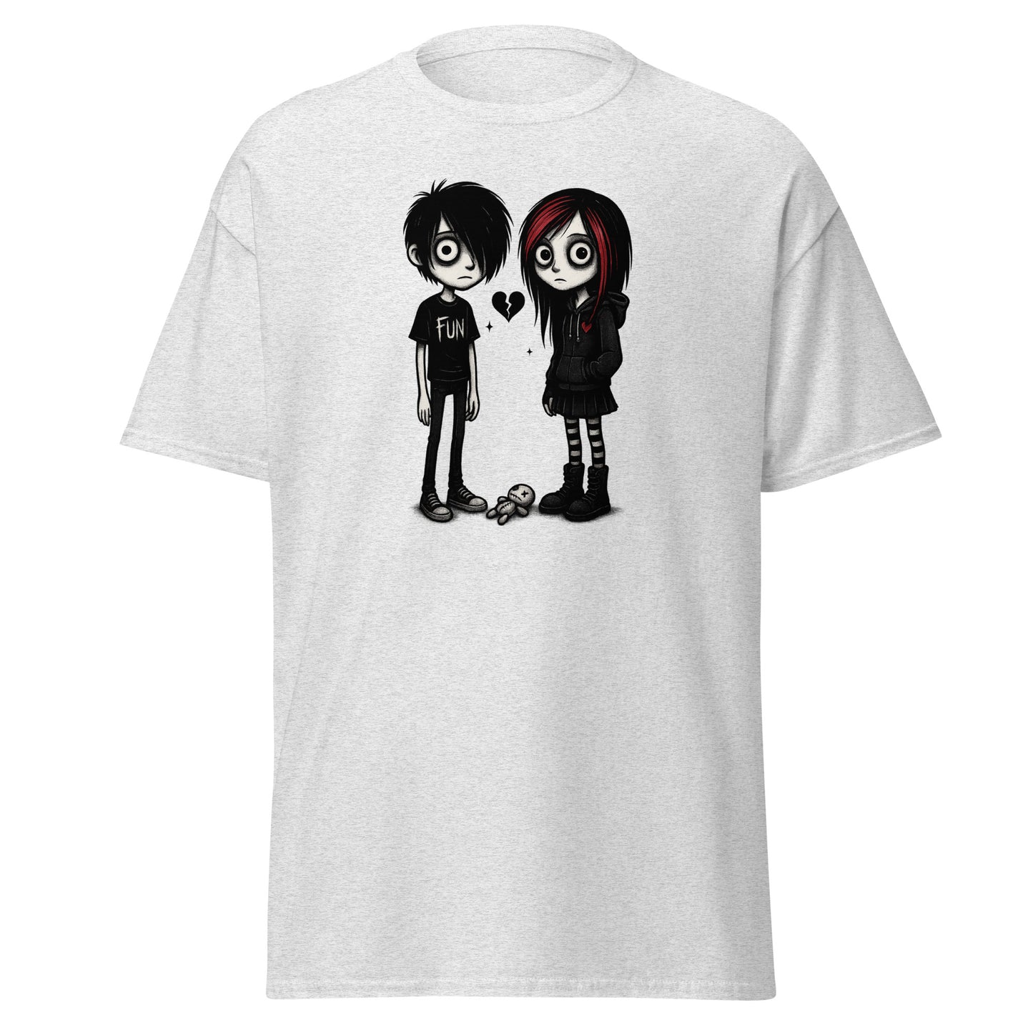 White t-shirt with cartoon characters and text on a white background
