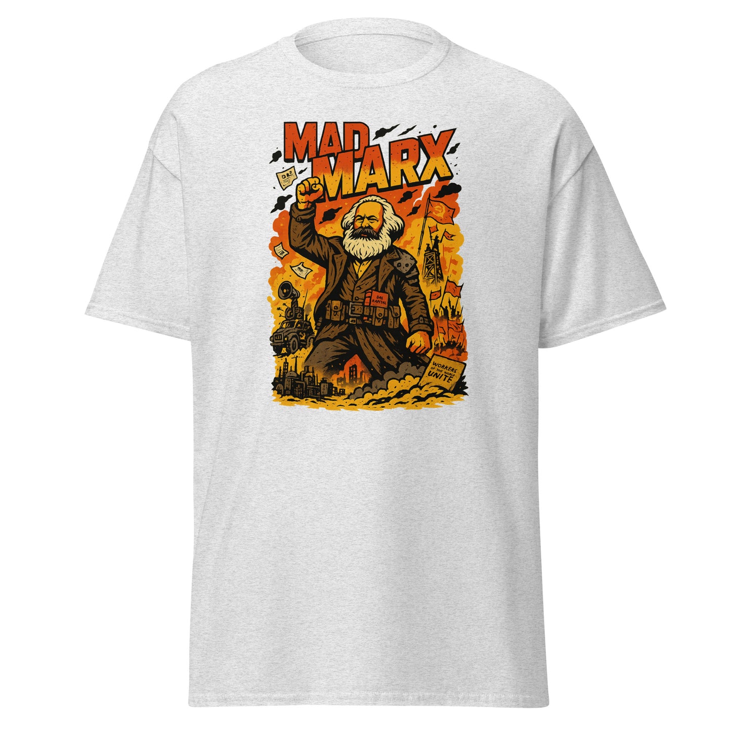White t-shirt with a graphic design of a character labeled 'Mad Marx' on a white background