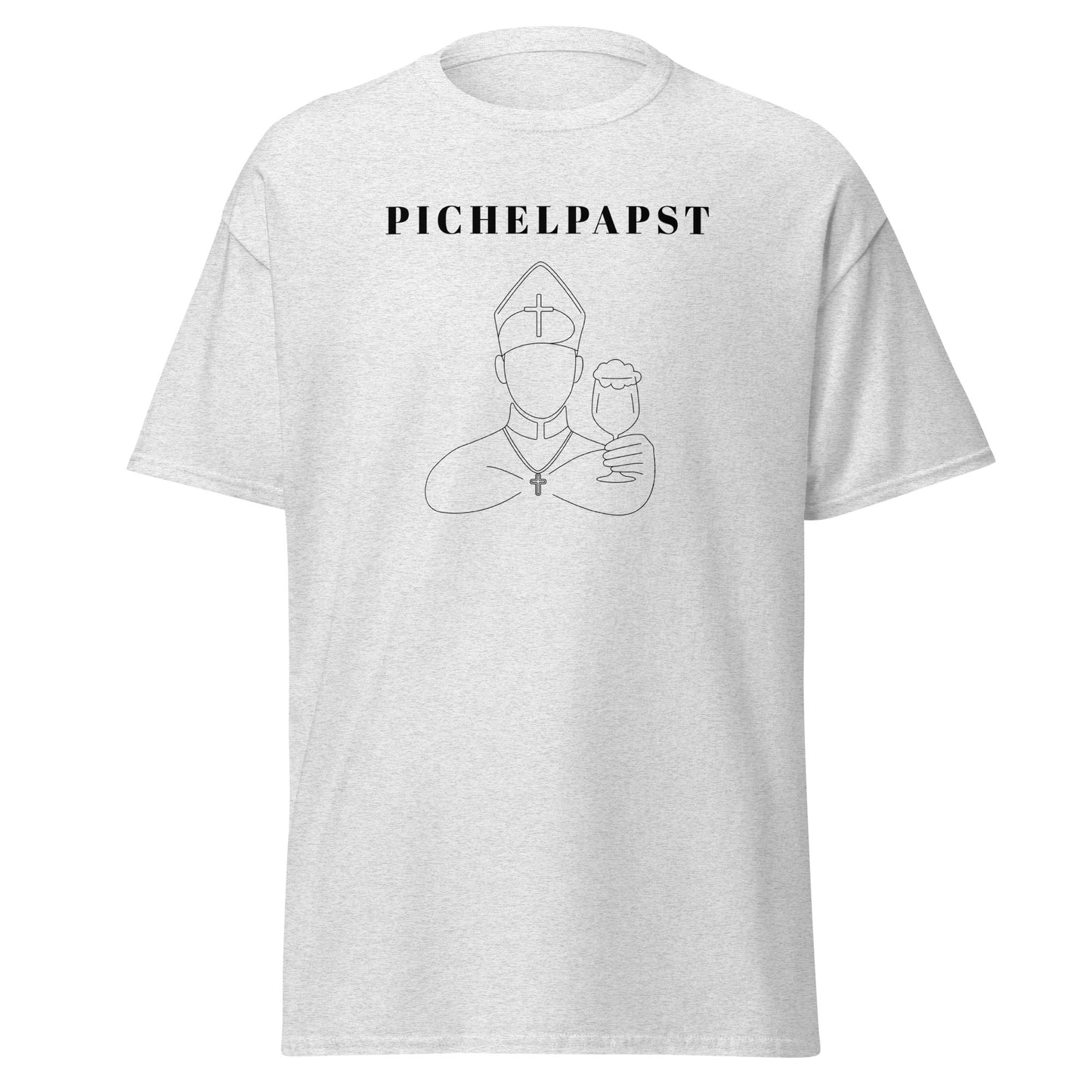 White t-shirt with black graphic and text 'PICHELPAPST' on a white background