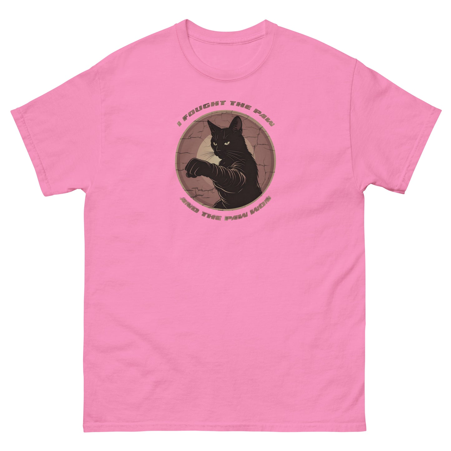 Pink t-shirt with a black cat graphic and text on a white background