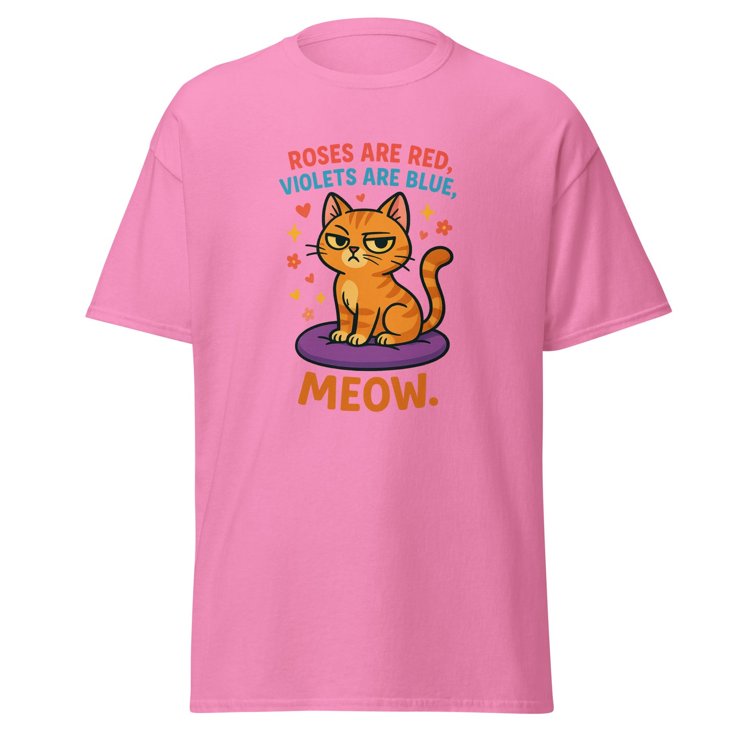 Pink t-shirt with a cat graphic and text on a white background