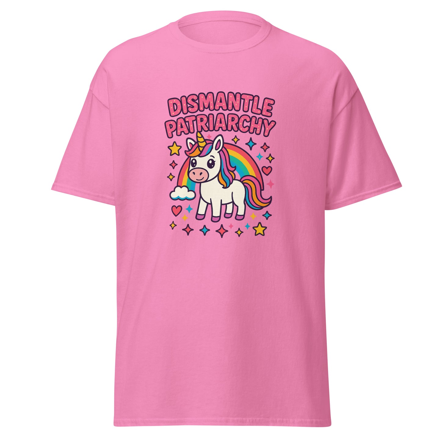 Pink t-shirt with a unicorn graphic and text on a white background