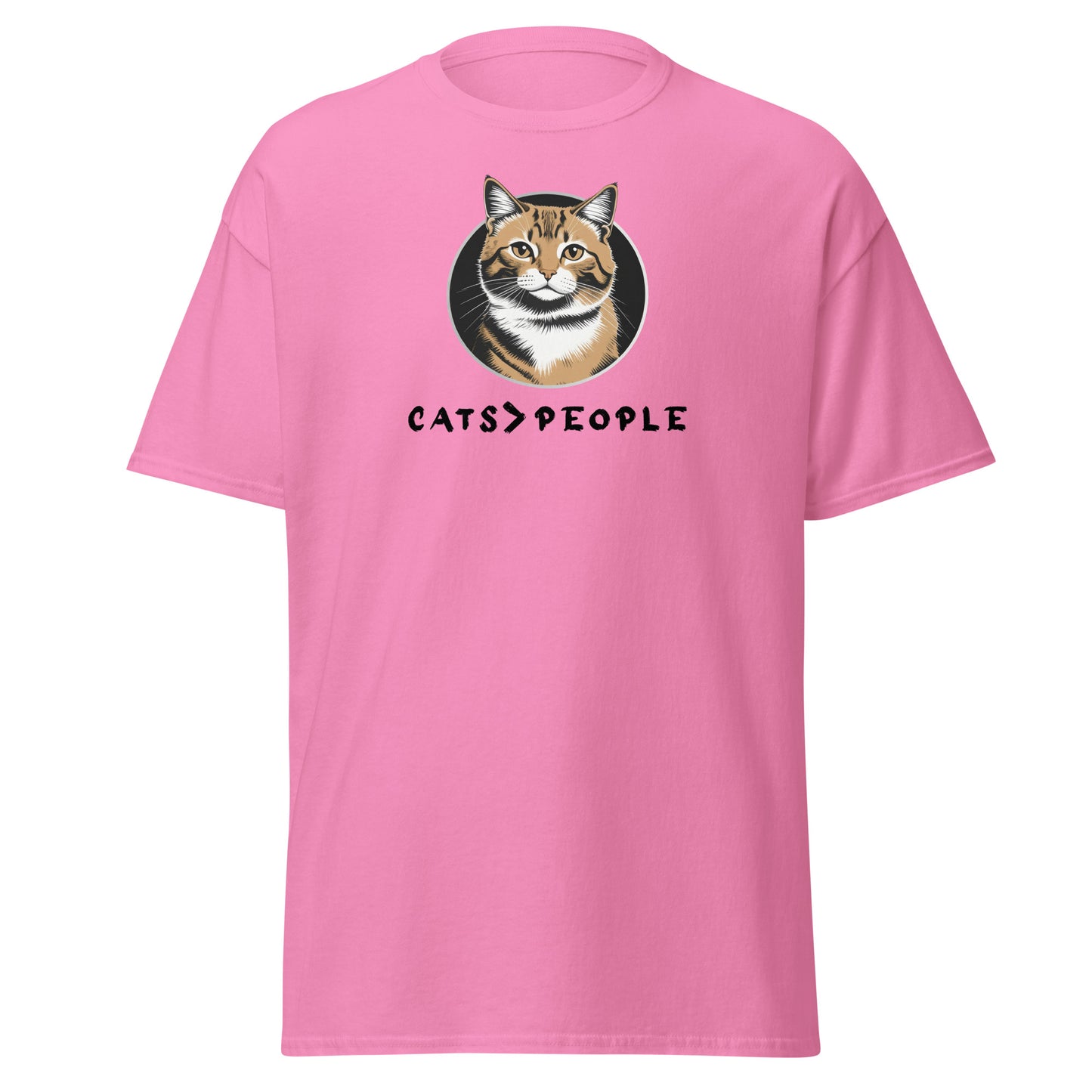 Pink t-shirt with a cat graphic and 'CATS > PEOPLE' text on a white background