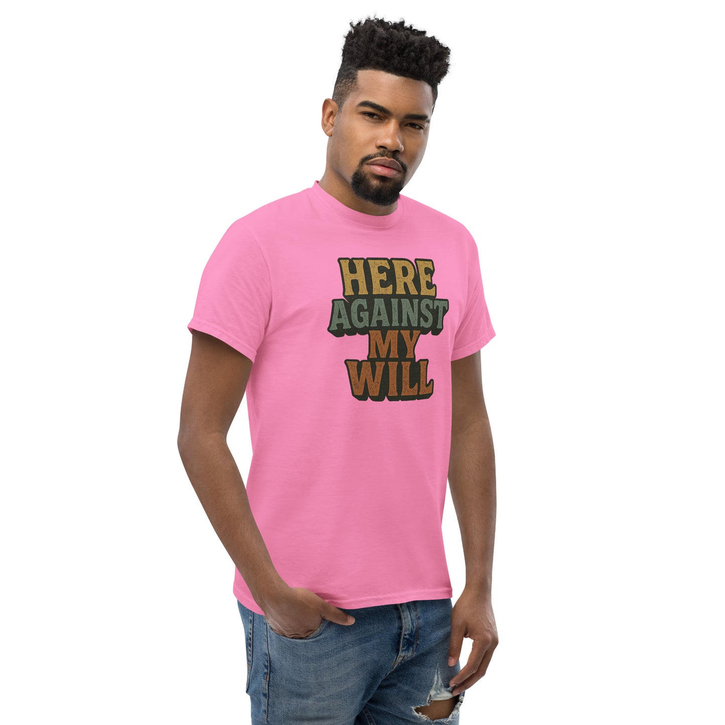 Man wearing a pink t-shirt with text on a white background