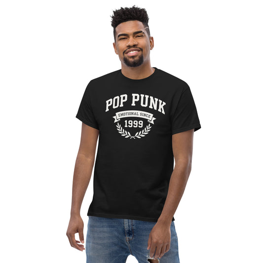 Man wearing a black t-shirt with 'Pop Punk Emotional Since 1999' text on a white background