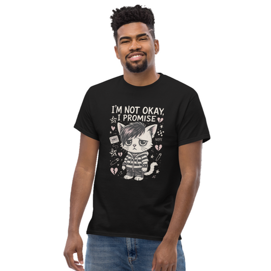 Man wearing a black t-shirt with a graphic design and text on a white background