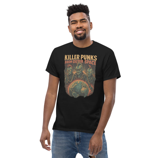 man wearing black shirt with alien punks and the earth with the text "Killer punks from outer space" on white background
