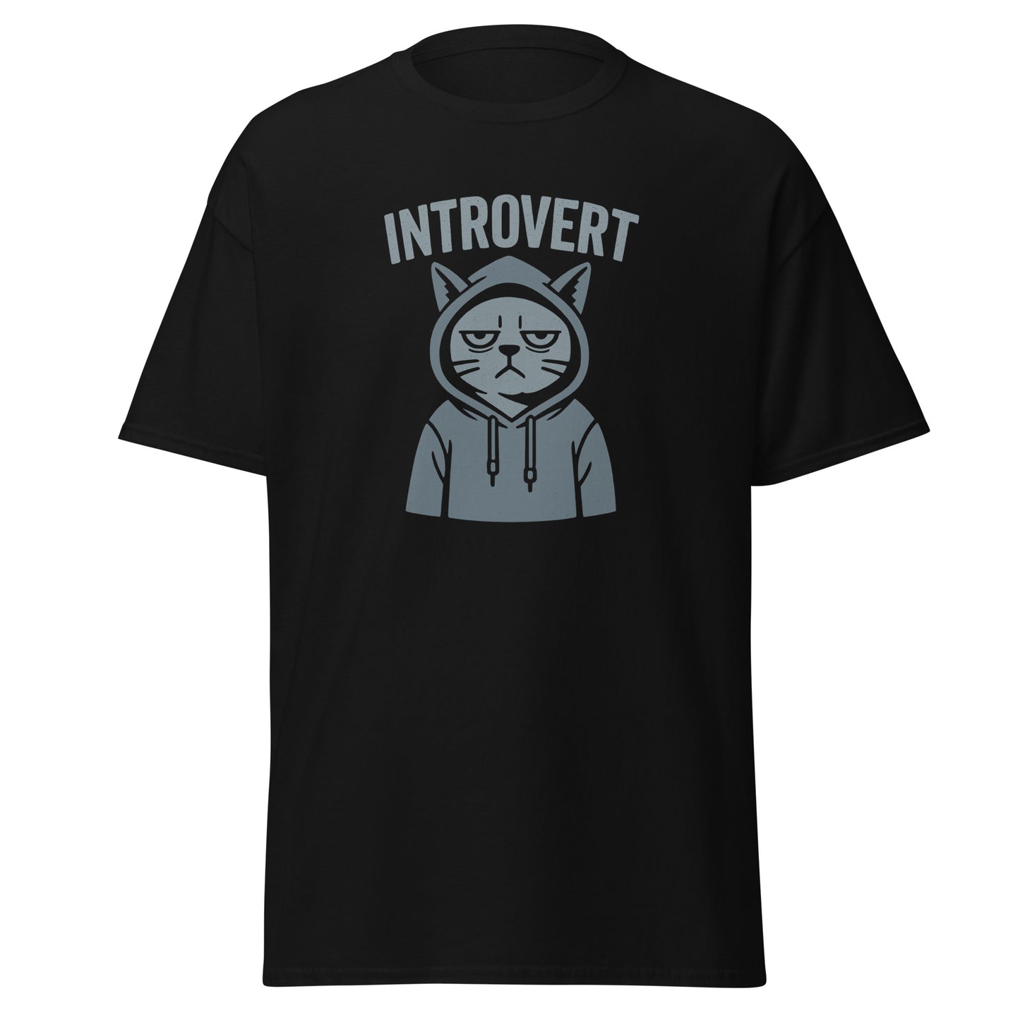 Black t-shirt with an graphic of a cat in a hoodie and 'Introvert' text on a white background