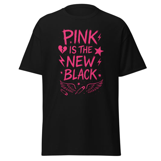 Black t-shirt with pink text 'Pink is the New Black' on a white background