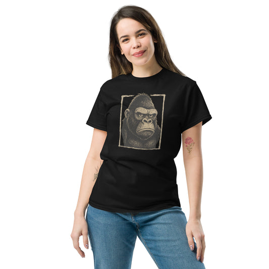 Woman wearing a black t-shirt with a gorilla graphic on a white background