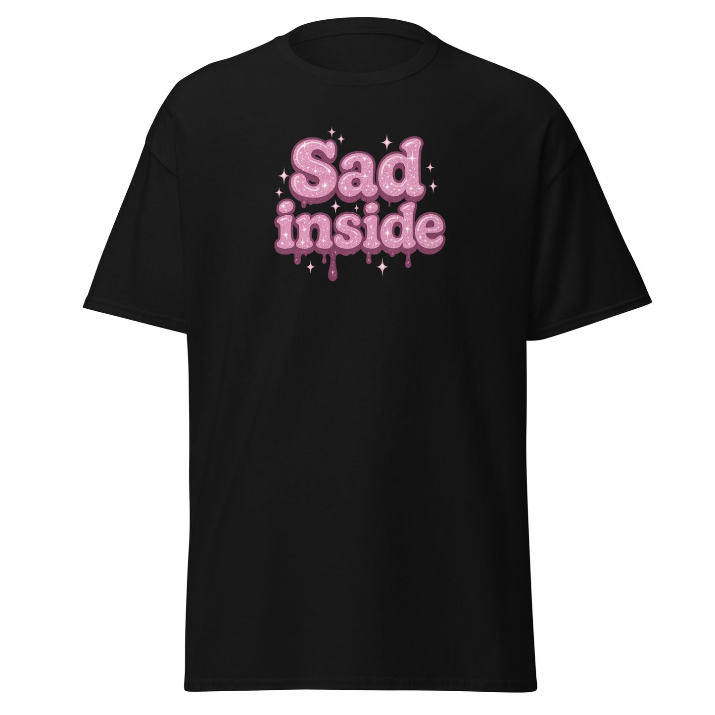 Black t-shirt with 'Sad inside' text in pink on a white background