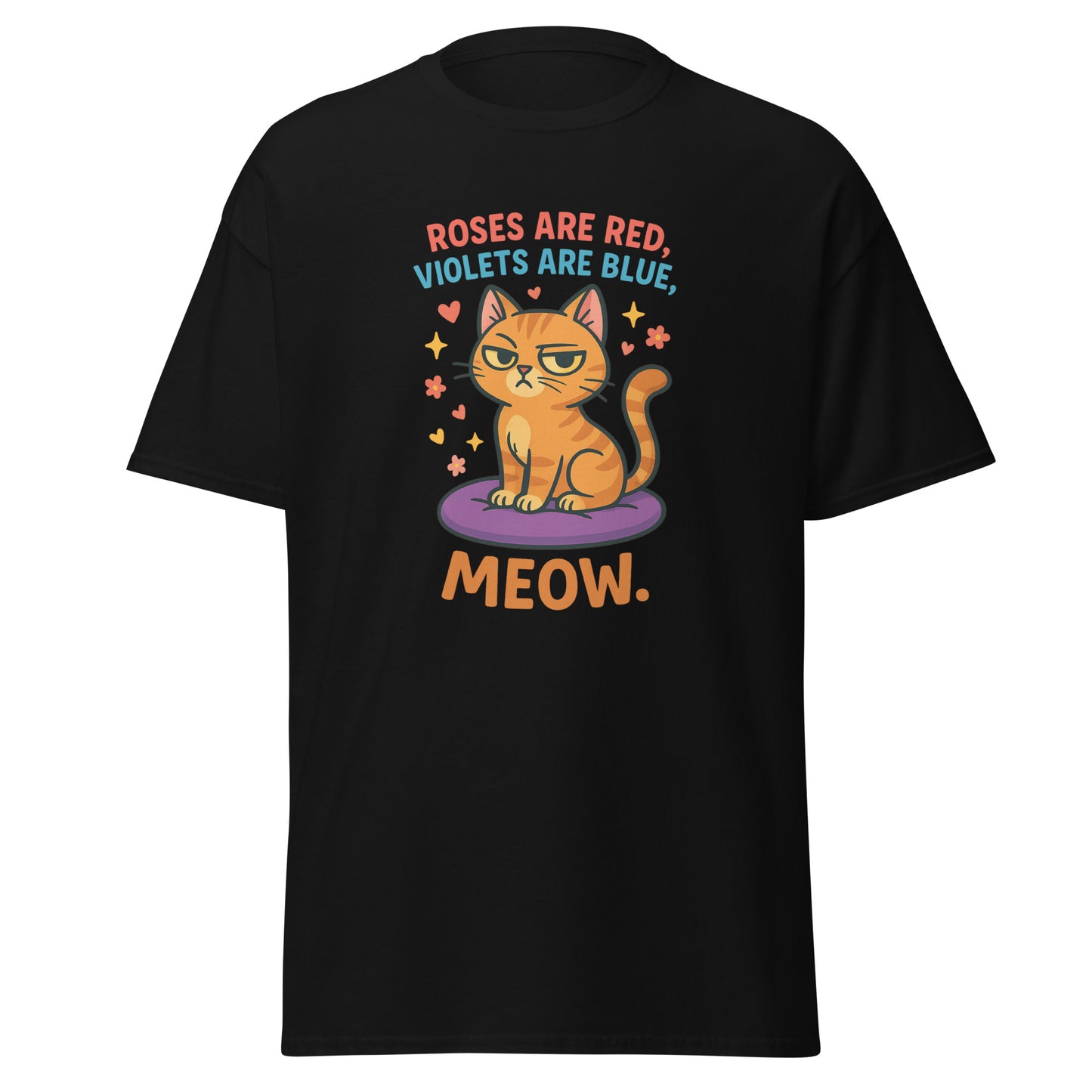 Black t-shirt with a cat graphic and text on a white background