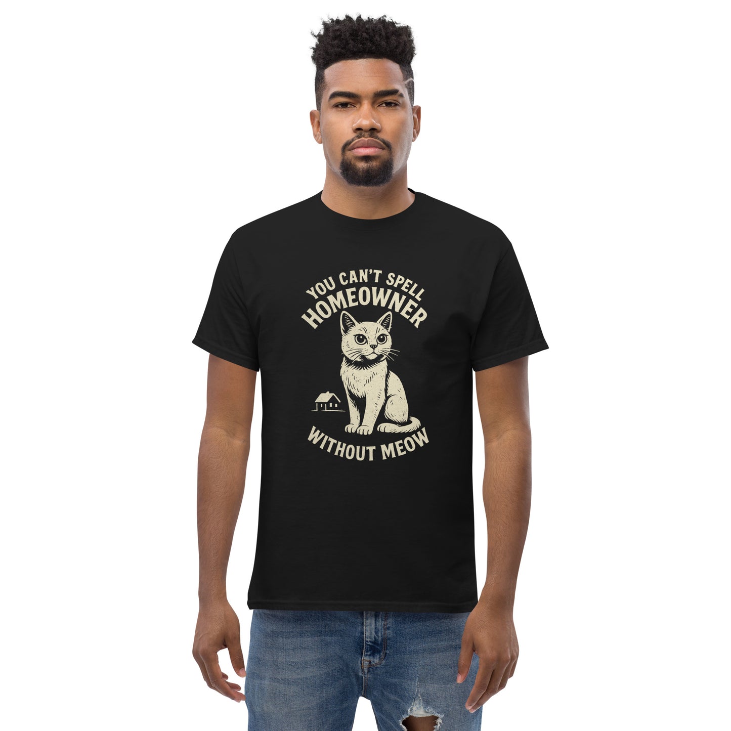 Man wearing a black t-shirt with a cat graphic and text on a white background