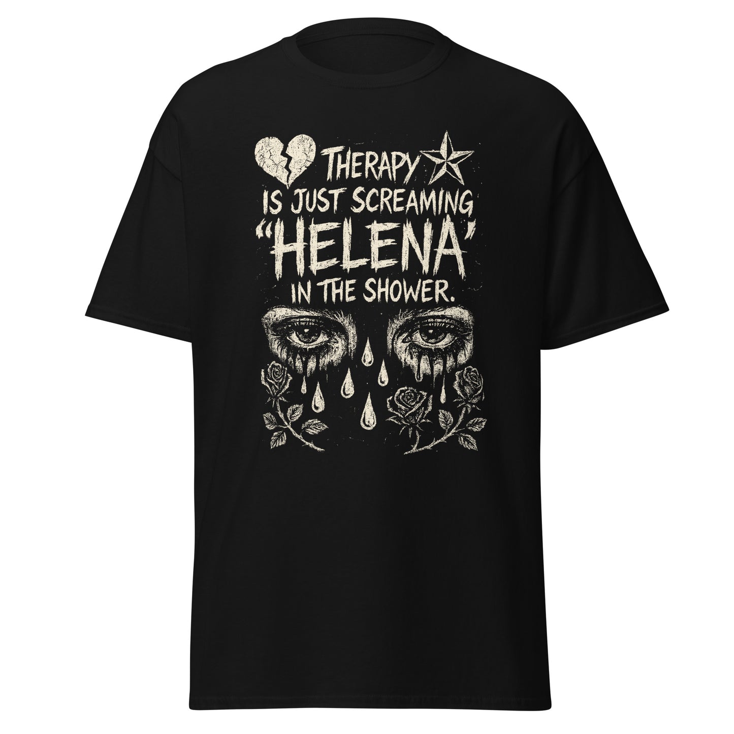 Black unisex t-shirt with bold Helena slogan, referencing screaming emotional lyrics in the shower as therapy