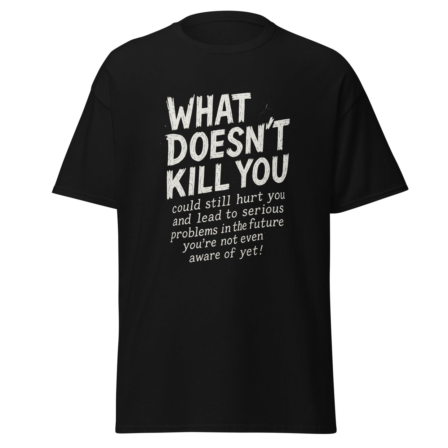 Black t-shirt with white text on a white background