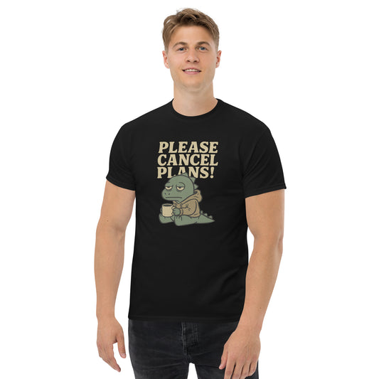 Person wearing a black t-shirt with a graphic and text 'PLEASE CANCEL PLANS!' on a white background