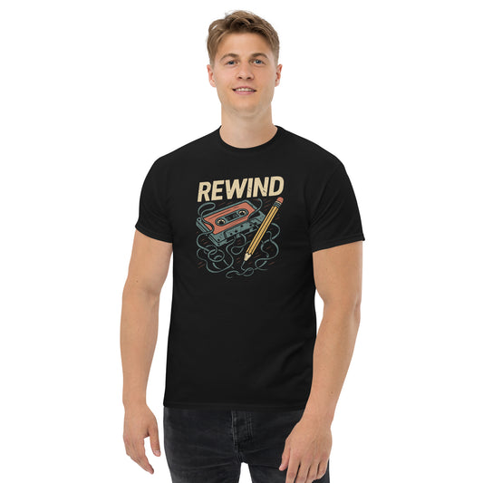 Person wearing a black t-shirt with 'REWIND' graphic design on a white background