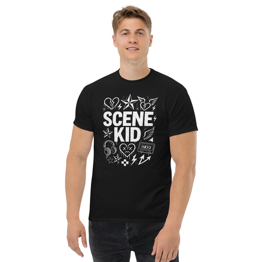 Person wearing a black t-shirt with 'SCENE KID' design on a white background