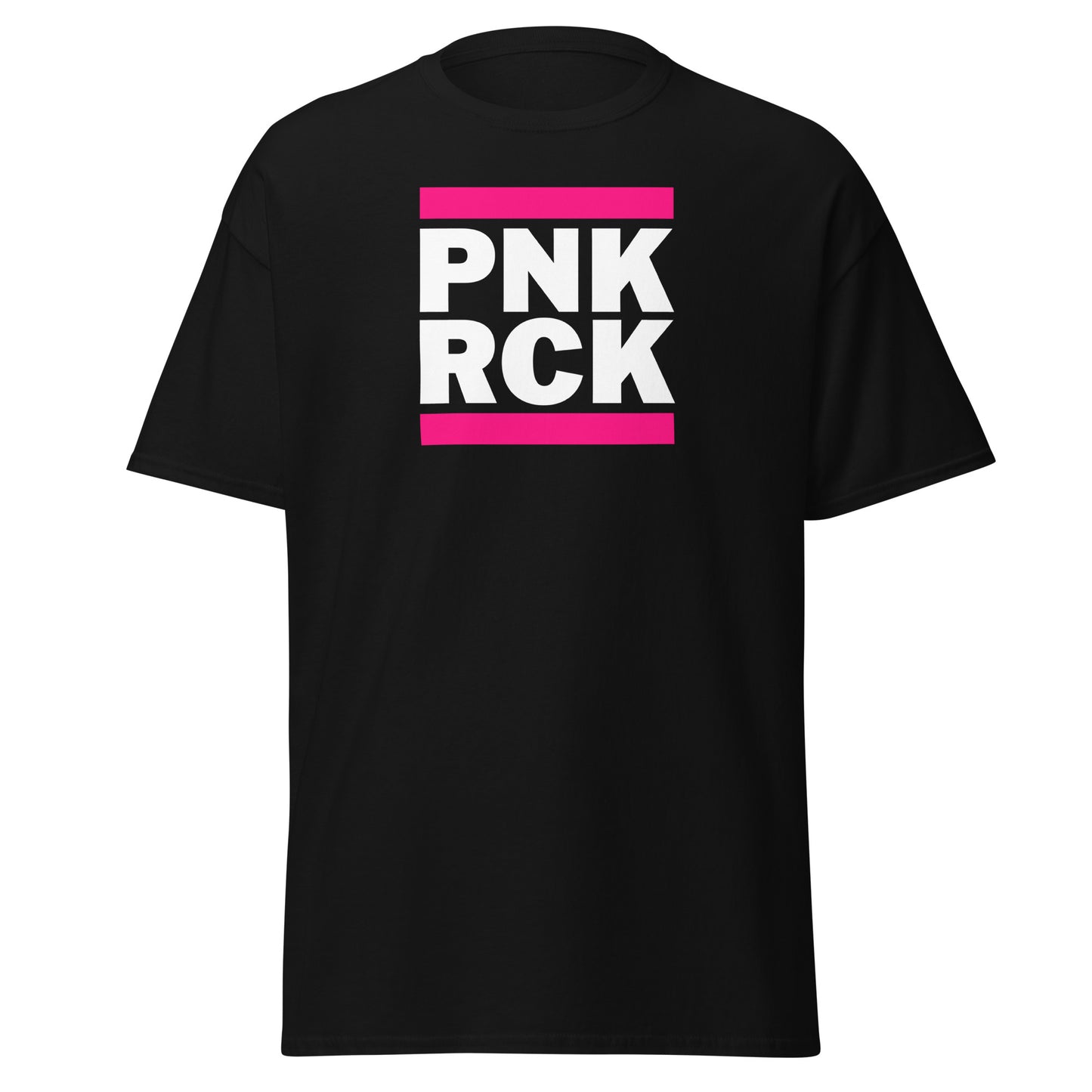 Black t-shirt with 'PNK RCK' text in pink and white on a white background