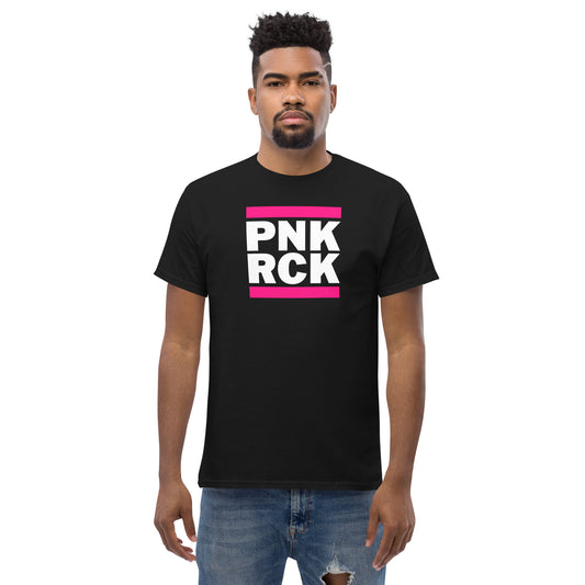 Man wearing a black t-shirt with 'PNK RCK' text on a white background