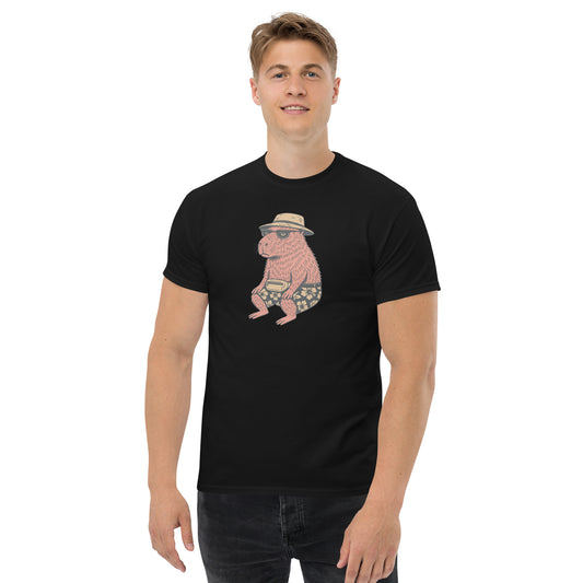 man wearing black Unisex Happybara t-shirt with quirky animal design, front view