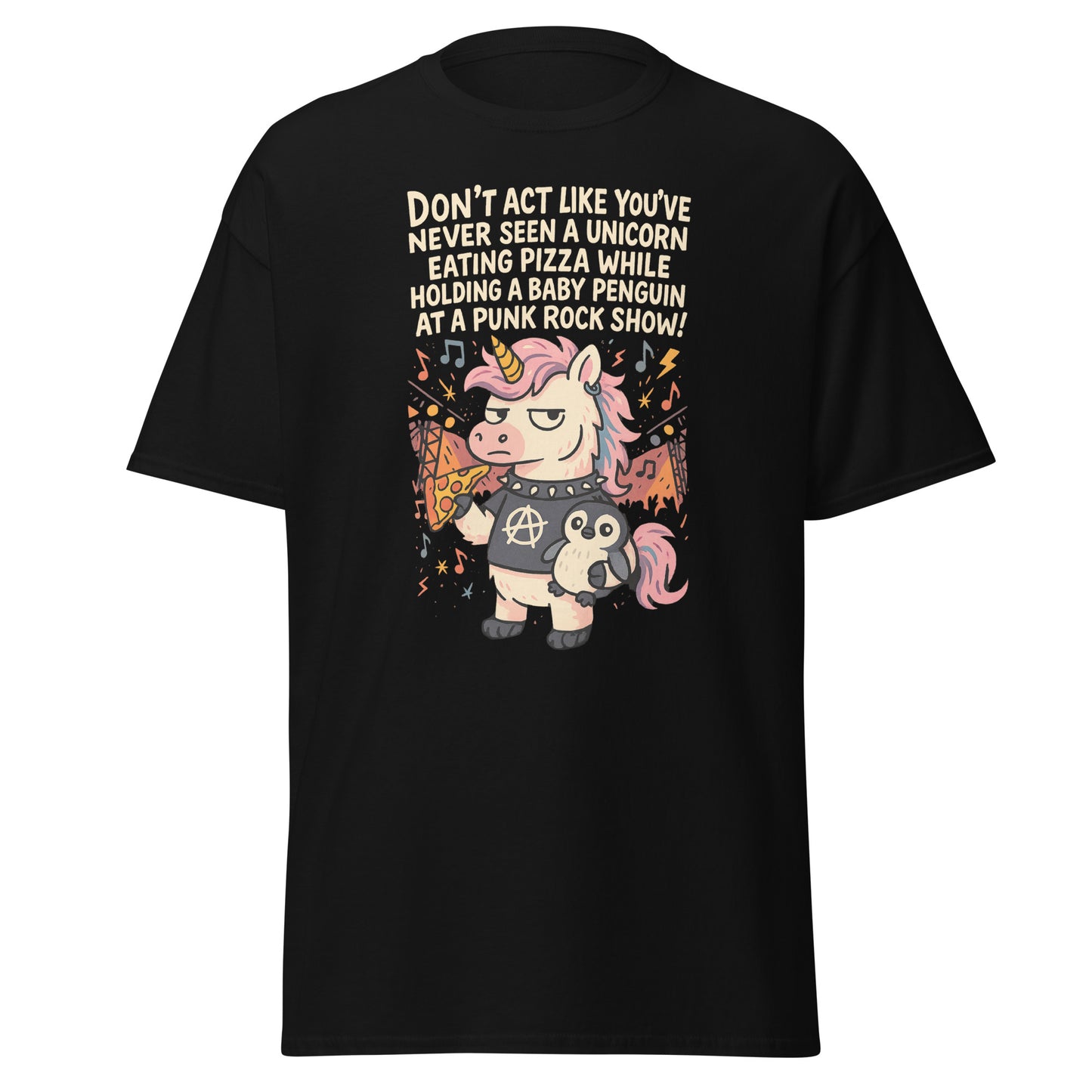 Black t-shirt with a unicorn and penguin graphic and text on a white background