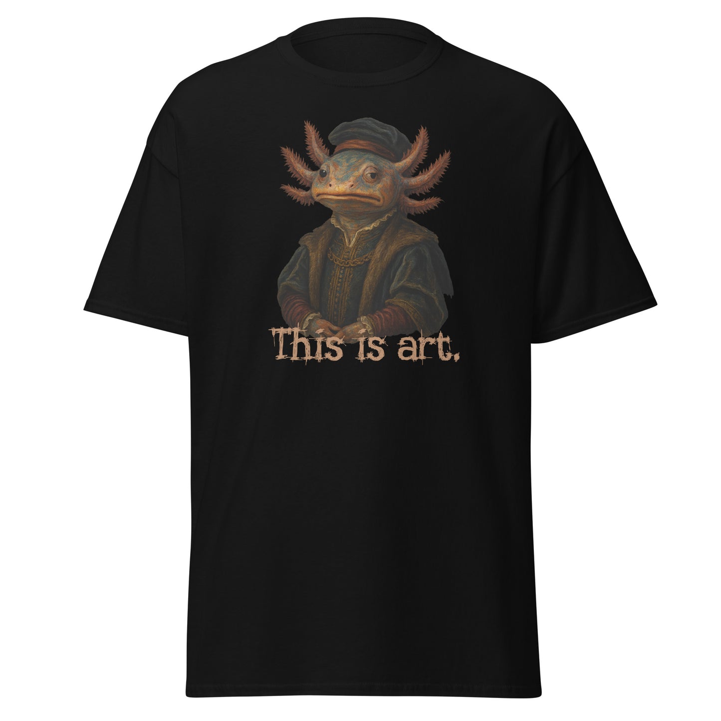Black t-shirt with a graphic of a creature and 'This is art.' text on a white background