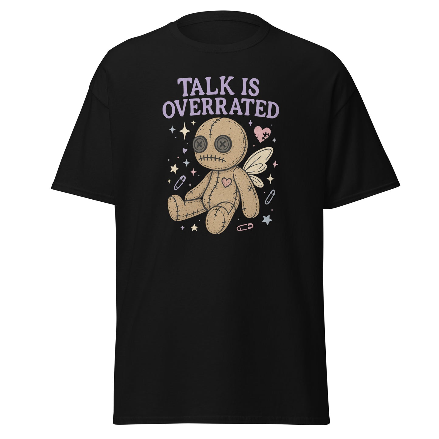 Black t-shirt with a voodoo doll graphic and 'Talk is Overrated' text on a white background