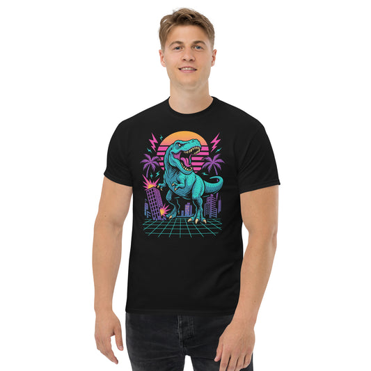 Person wearing a black t-shirt with a colorful dinosaur graphic on a white background